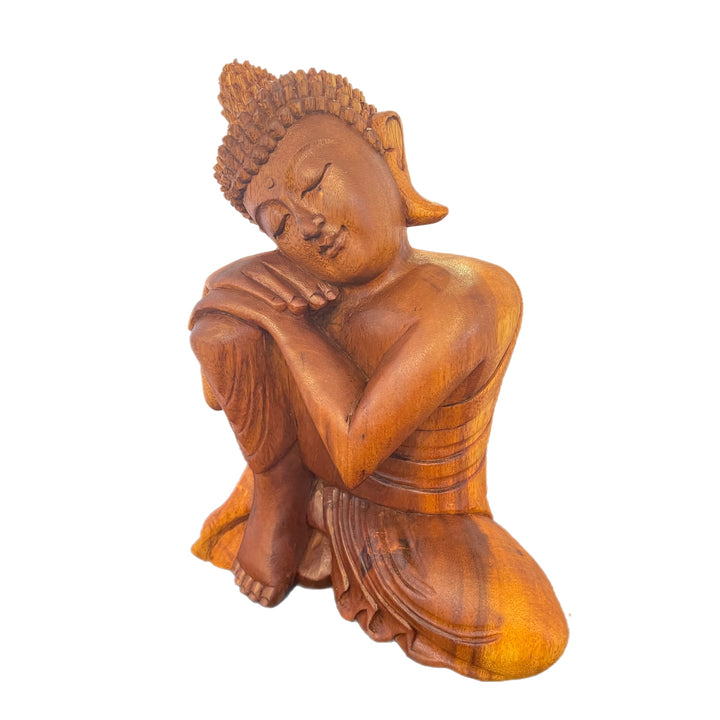 Hand Carved Wooden Relaxed Buddha with Hand on Knee Statue