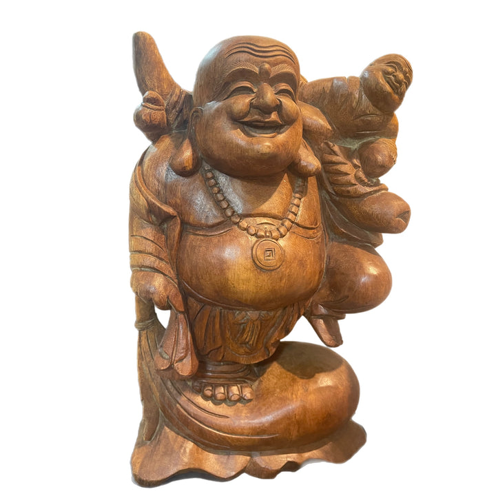 Hand Carved Wooden Happy Buddha with Baby Statue