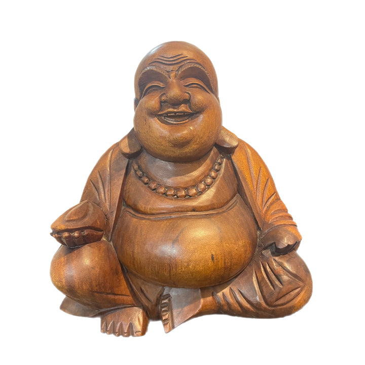Hand Carved Wooden Happy Buddha Holding Nut Statue