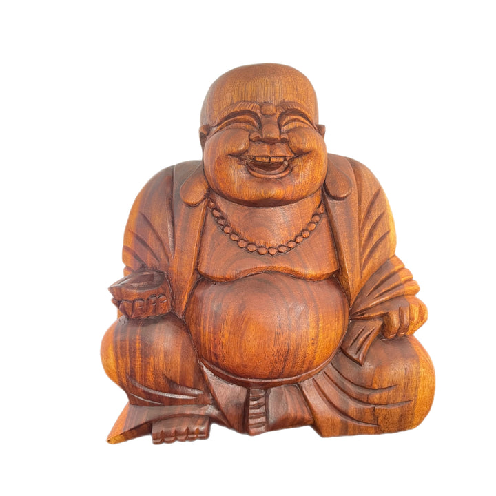 Hand Carved Wooden Happy Buddha Holding Nut Statue