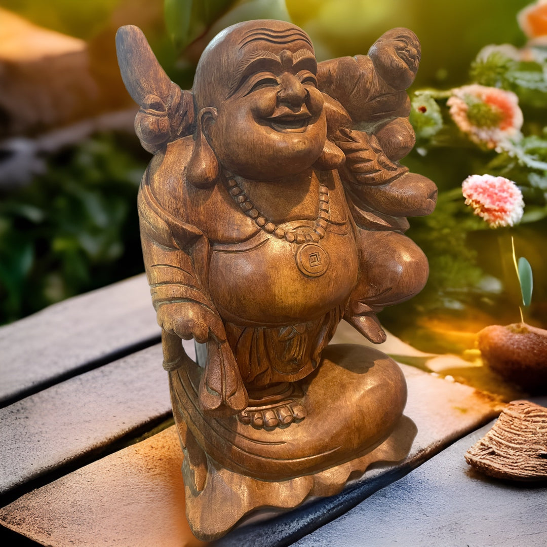 Hand Carved Wooden Happy Buddha with Baby Statue