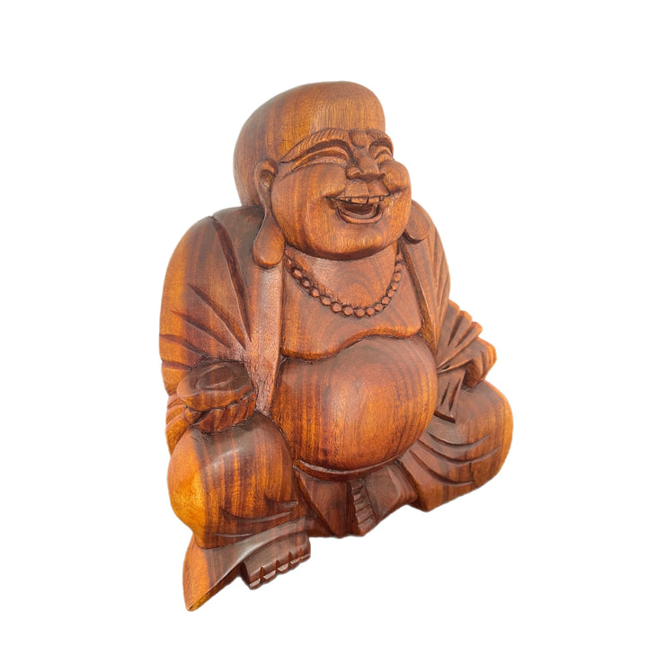 Hand Carved Wooden Happy Buddha Holding Nut Statue