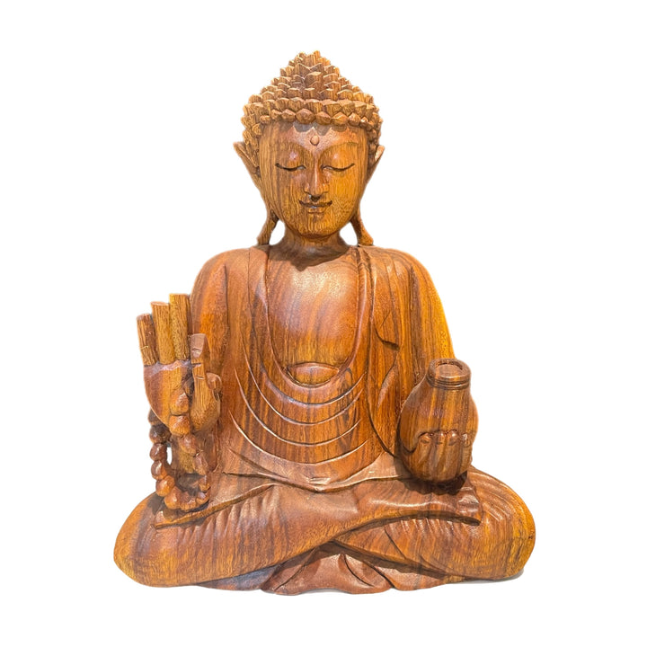 Hand carved Wooden Buddha with Bottle and Beads Statue