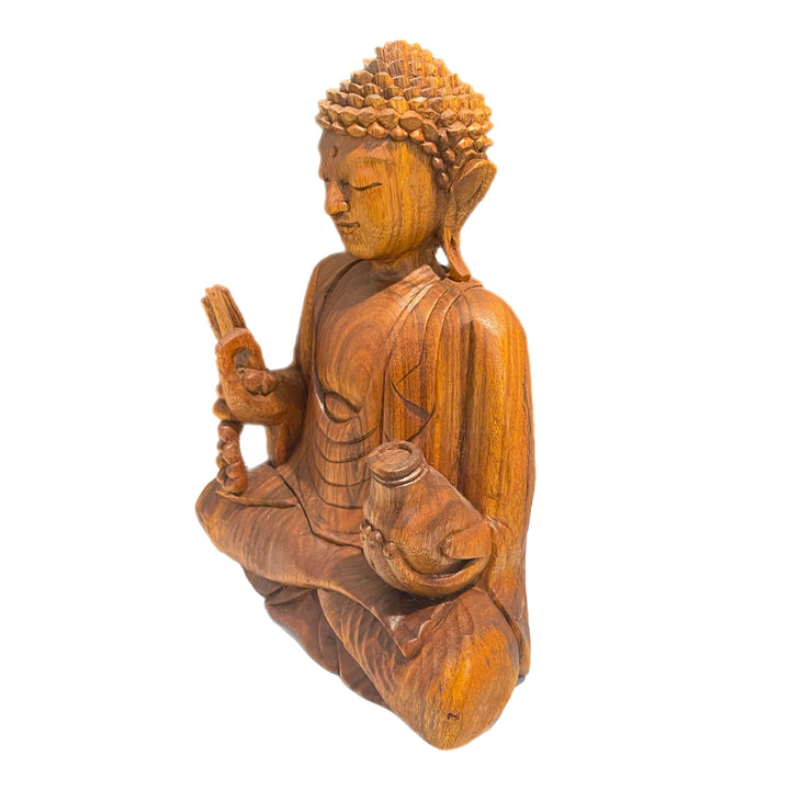Hand carved Wooden Buddha with Bottle and Beads Statue