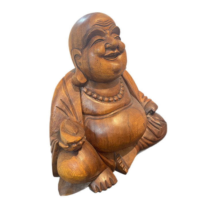 Hand Carved Wooden Happy Buddha Holding Nut Statue