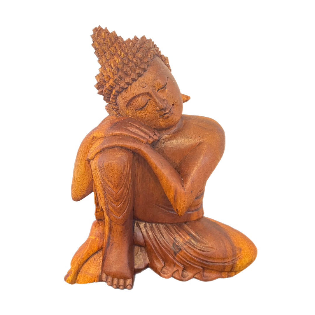 Hand Carved Wooden Relaxed Buddha with Hand on Knee Statue