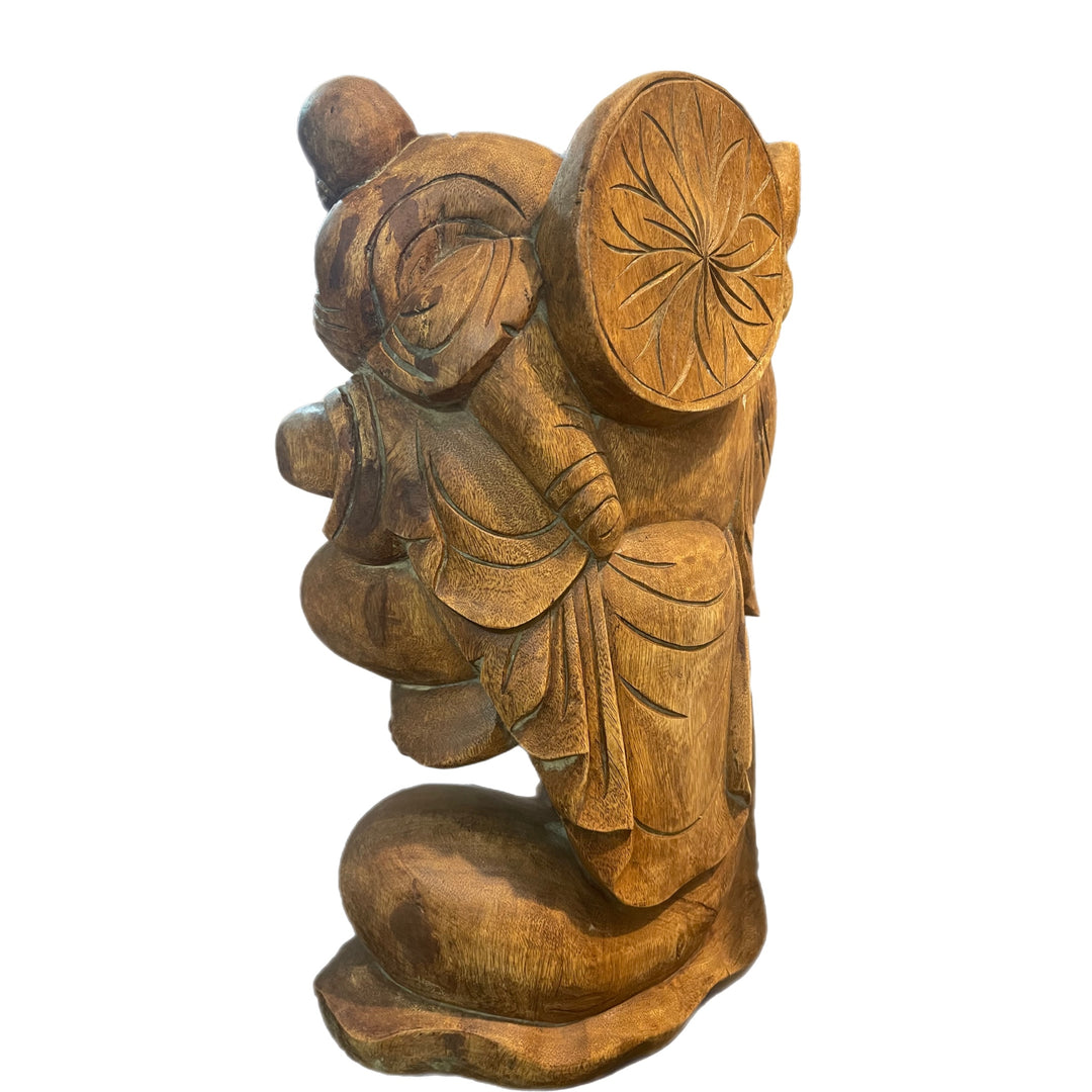 Hand Carved Wooden Happy Buddha with Baby Statue