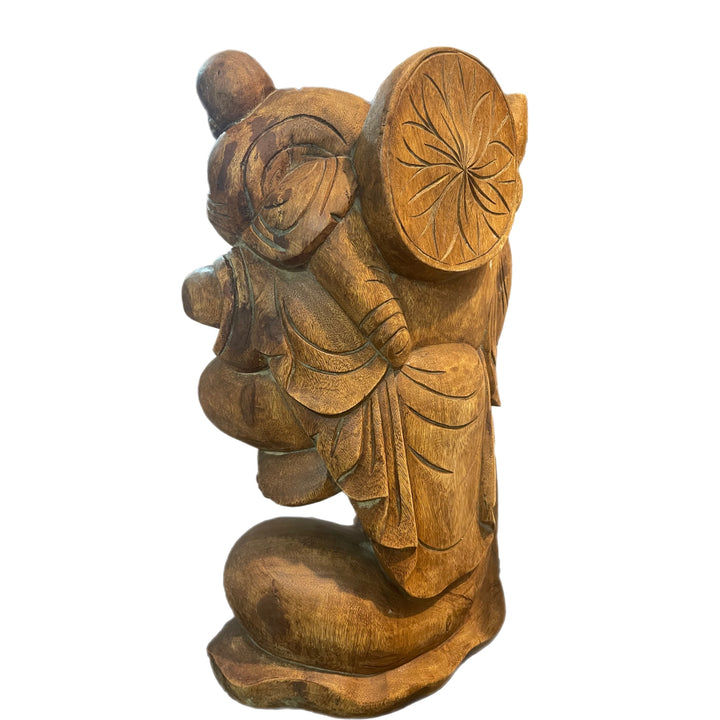 Hand Carved Wooden Happy Buddha with Baby Statue