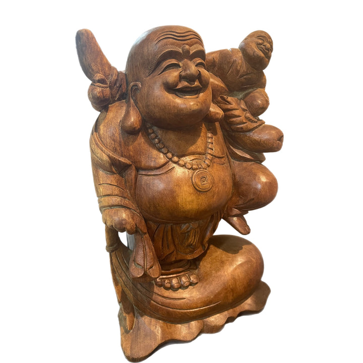 Hand Carved Wooden Happy Buddha with Baby Statue