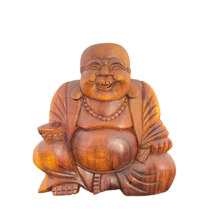 Hand Carved Wooden Happy Buddha Holding Nut Statue