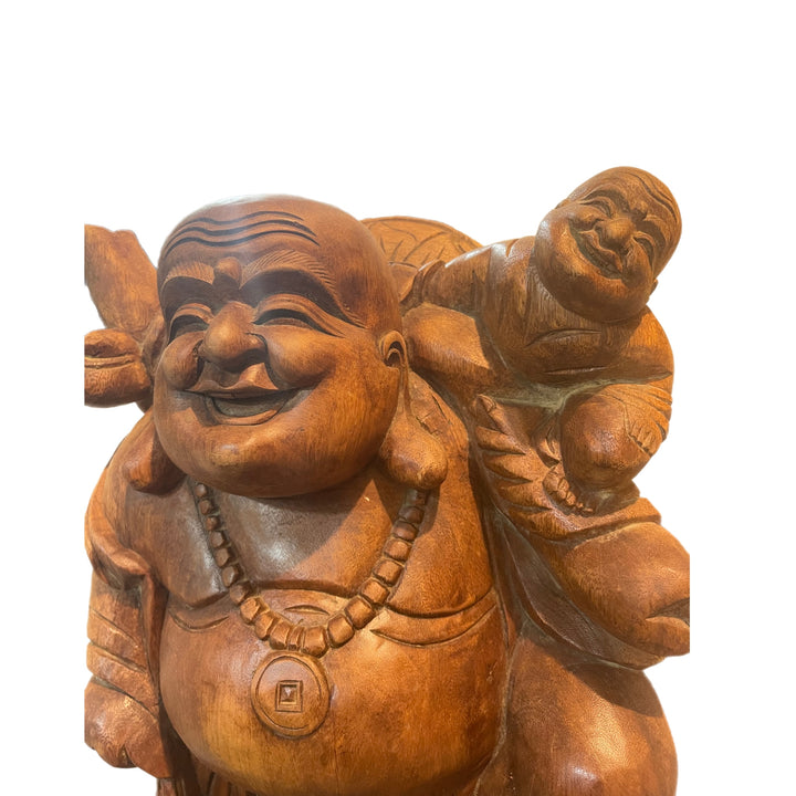 Hand Carved Wooden Happy Buddha with Baby Statue