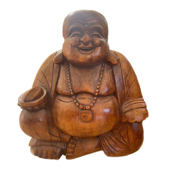 Hand Carved Wooden Happy Buddha Holding Nut Statue