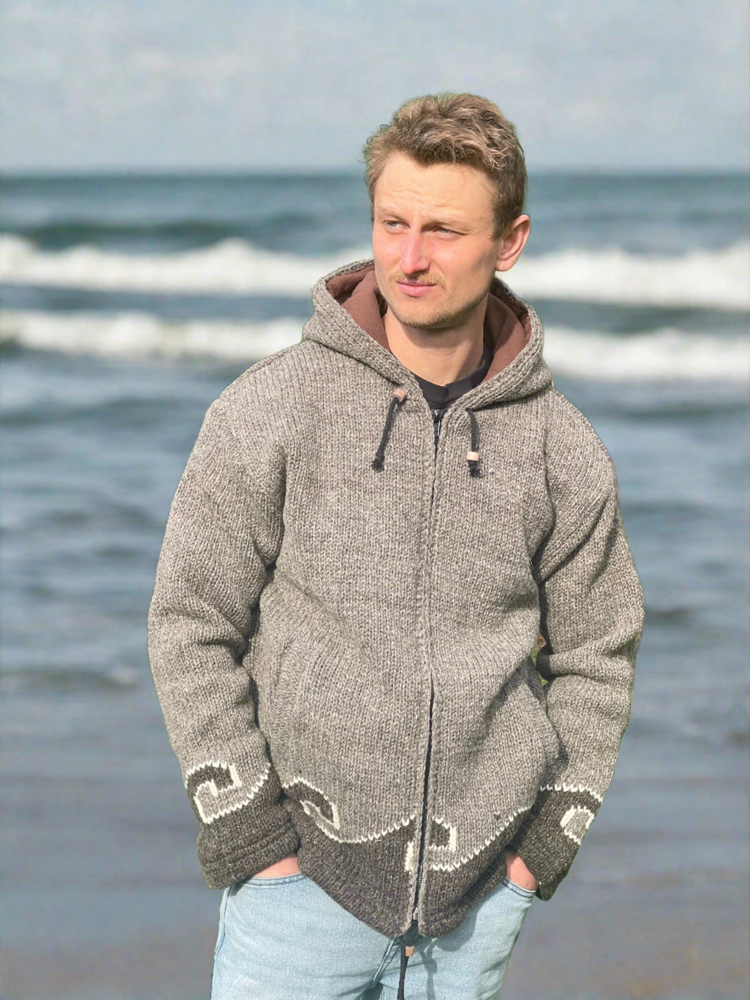 Man wearing handcrafted woolen jumper 