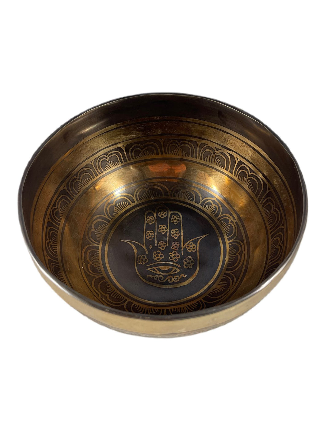 Hand of god carved into metal bowl